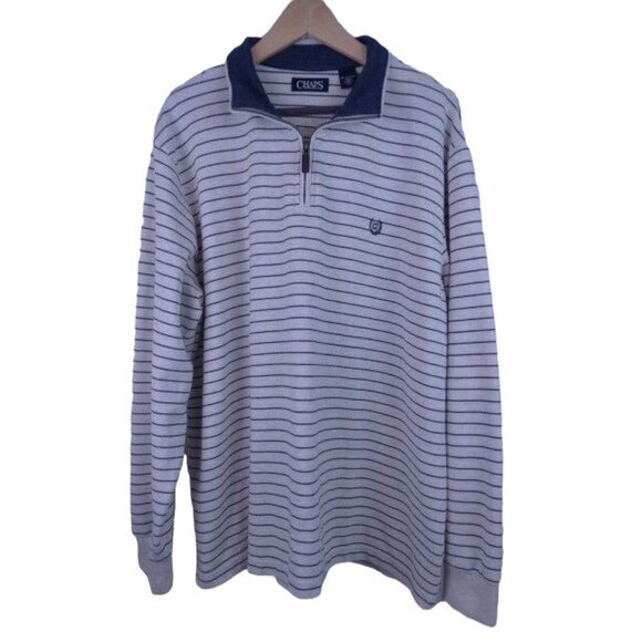 Chaps Men's Shirt Ivory Blue Striped Size XXL Heavy Long Sleeve 1/4 Zip Top - Picture 1 of 6